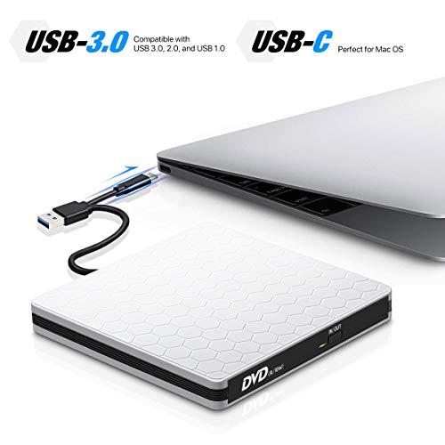 External CD/DVD Drive USB 3.0 Type-C Portable R/W Optical Drive Slim CD DVD Burner Recorder CD ROM for Laptop/MacBook/Desktop/MacOS/Windows10/8/7 (#White)