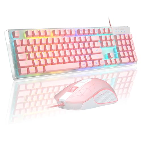 Gaming Keyboard and Mouse Combo, K1 7 Colors LED Backlit with 104 Keys Computer Keyboard for PC/Laptop (White & Pink)
