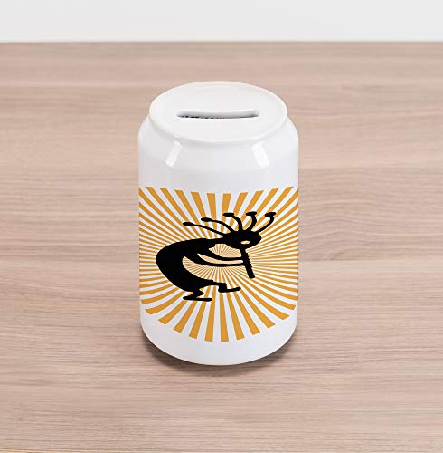 Lunarable Kokopelli Cola Can Shape Piggy Bank, The Fertility Deity Kokopelli Dancing on Abstract Sun Background Illustration, Ceramic Cola Shaped Coin Box Money Bank for Cash Saving, Yellow Black
