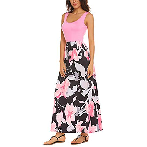 Mysky Fashion Women Summer New Bohemian Floral Print Sleeveless Solid Color Tank Beach Sundress Long Maxi Dress Pink - Thumbnail 2