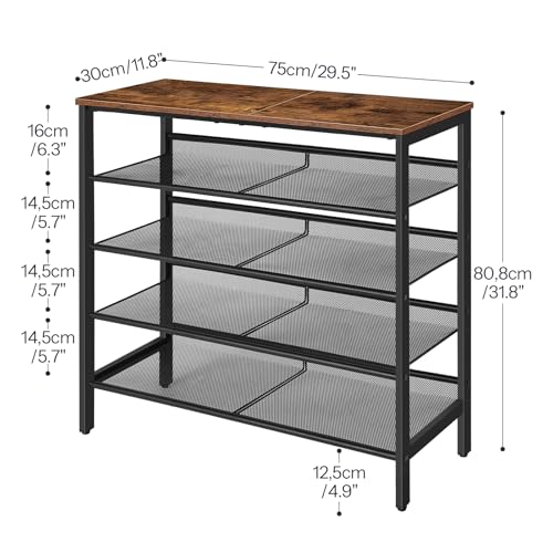 HOOBRO Shoe Rack, 5-Tier Shoe Rack, Shoe Cabinet, Adjustable Metal Mesh Shelf, Spacious Top, Holds 16–20 Pairs, for an Entrance, Corridor, Industrial use, Vintage Brown/Black, EBF12XJ01