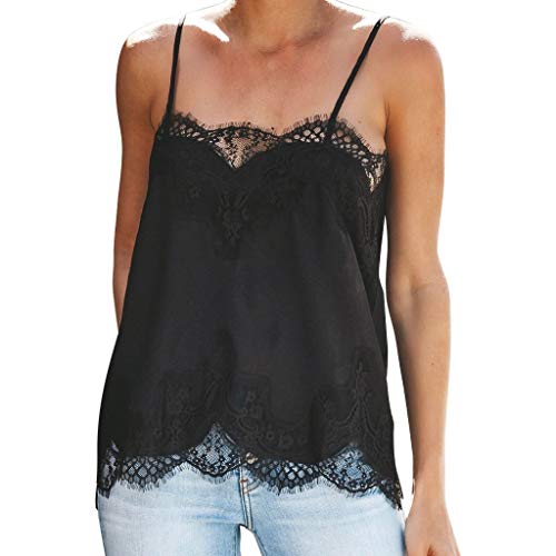 Transer- Womens Spaghetti Strap Tank Tops Sexy Lace Trimming Camisole Sleeveless T-Shirt Tee Blouses Black - Thumbnail 7