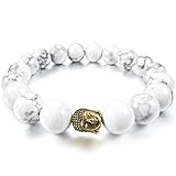 INBLUE Men,Women's 12mm Alloy Energy Bracelet Link Wrist Energy Stone Gold White Howlite Turquoise Buddha Mala Bead Elastic