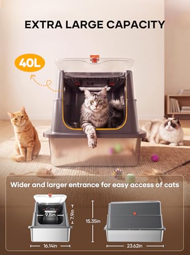 Extra Large Stainless Steel Cat Litter Box with Lid, Enclosed High Sided Metal Litter Pan for Large & Multiple Cats, Dog Proof, Non-Sticky, Anti-Leakage, Easy Clean with Scoop & Step, Dark Grey