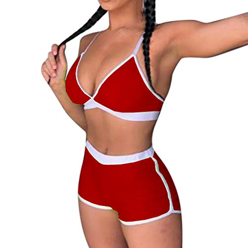 KASAAS 2-Piece Sexy Bathing Suit for Women Contrast Trim Push-Up Padded Bra Boy Shorts Set Beach Swimsuit Swimwear(Medium,Red)