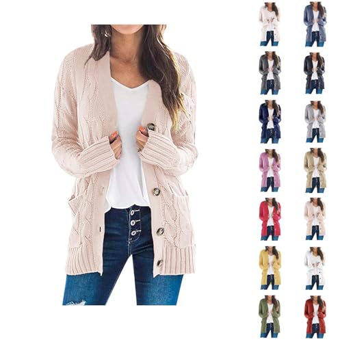 Ladies Cardigan with Pockets Fit Open Front Knitted Cardigan Casual V Neck Pockets Outerwear Comfortable Thermal Solid Cropped Sweater-Cardigan Fashion Buttons Coatigan Autumn Winter Everyday Wear