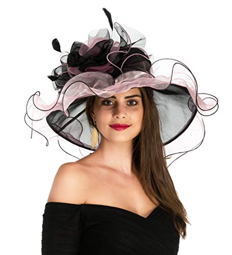 Women's Organza Church Kentucky Derby British Fascinator Bridal Tea Party Wedding Hat Summer Ruffles Cap（Rose Black Line） - Thumbnail 5
