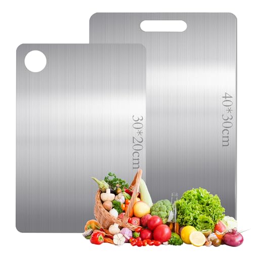 2 Pieces Stainless Steel Food Cutting Board, Large Thick Titanium Chopping Board for Kitchen Multi-Function, Steel Cutting Board for Hygiene and Durability Use for Cutting Meat, Bread, Vegetables, Fruits