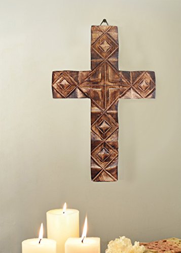 Wooden Wall Cross Plaque 12" Long Hanging with Hand Carvings Religious Altar Home Living Room Decor