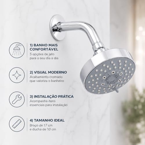 TKLA Ducha Redonda de Alta Vazão 5 Jatos Cor Cromada Chuveiro Externo Gas Aquecedor