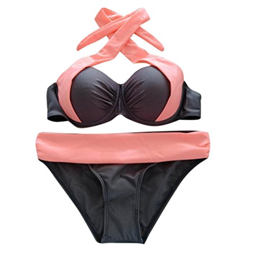ManxiVoo Women Push up Padded Bra Bikini Set Low Waist Halter Tops Swimsuit Vintage Ruched Bathing Suits (XL, Pink)