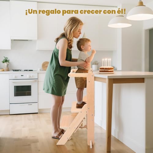 Folding Learning Tower, Observation Tower for 1-5 Year Old, Montessori Learning, Natural Wood Kitchen Helper, Safe and Easy to Assemble (50kg Capacity)