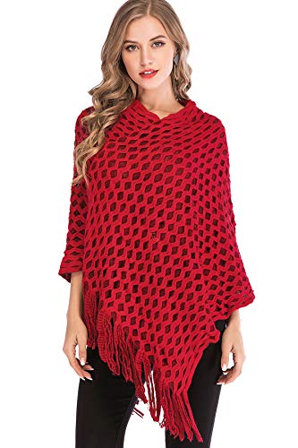 Women's Pullover Shawl Knit Poncho Sweater Capes with Fringed Sides Loose Fitting Poncho Cape