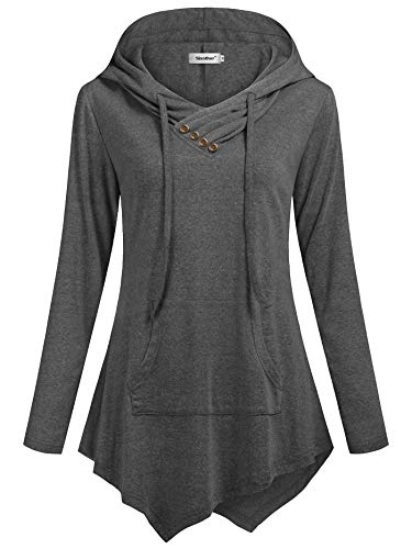Sixother Cowl Neck Tunic Top with Button Lighweight Soft Comfy Drawstring Hoodie for Women Pullover Sweatshirt Fit and Flare Womens Sweaters Casual Empire Waist Irregular Hem Shirt Deep Gray