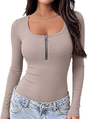 T-Shirt Femme Col Carré Zip Manches Longues Ajusté