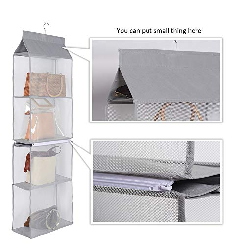 Aoolife Hanging Purse Handbag Organizer,Clear Hanging Shelf Bag Collection Storage Holder-Dust-Proof Closet Wardrobe Hatstand Space Saver,4 Shelf(Grey)