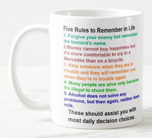 Vixar Five Rules to Remember in Life Funny Novelty Coloured Mug Cup Gift Birthday Work Office Christmas Tea Coffee (White)