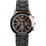 SODIAL(R) Unisex Silicone Jelly Gel Quartz Analog Sports Wrist Watch Black