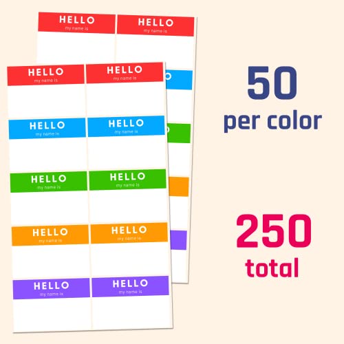 250 Pack, Hello My Name is, Labels Stickers Sheets, 5 Colors - 3" x 2 ...
