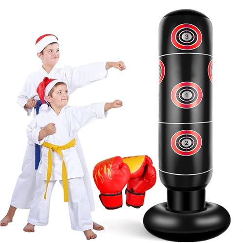 Sacco da Boxe Bambini con Guantoni da Boxe 160cm Sacchi da Boxe da Terra Gonfiabile Pungiball Regali per Bambini e Bambine dai 3 ai 12 Anni per Praticare Karate Taekwondo MMA (Nero)
