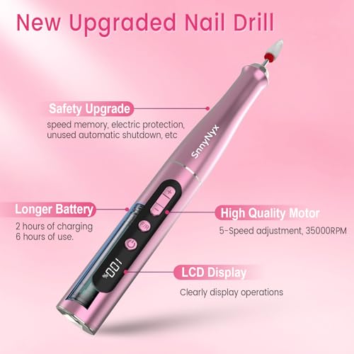 SnnyNyx Cordless Electric Nail Drill 35000 RPM, Professional Portable Nail File for Acrylic Nails & Gel Polish Removal, Low Vibration & Heat E-file with 11 Drill Bits, Salon-Quality Manicure Pedicure Kit (Rose Pink）