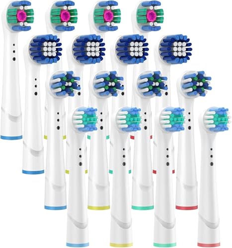 Kit de 16 Refil Compatível com Escova de Dentes Elétrica Oral B, 4 Tipos de Cabeças de Escova de Dentes Elétrica para Limpeza Profunda e Clareamento dos Dentes, Cerdas Meio Macias