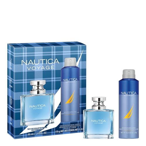 Nautica Voyage Giftset, 1.6 fl oz EDT + 6 oz Deodorizing Body Spray, Notes of Apple, Cedarwood, Mimosa, Men's Fragrance, Long Lasting, Everyday Fragrance