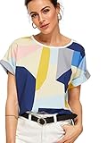 Romwe Women's Loose Geo Print Cuffed Short Sleeve Casual Blouse Tops