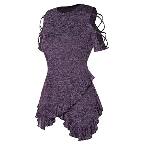 Duseedik Women's Summer Tops Plus Size Blouse Casual Strapless Cross Straps Ruffled Tailored T-Shirt Tunic Tank Tops Purple