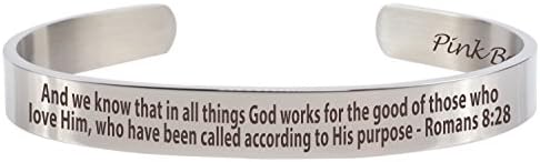 Pink Box 8mm Solid Stainless Steel Holy Scripture Cuff (ROMANS 8:28)