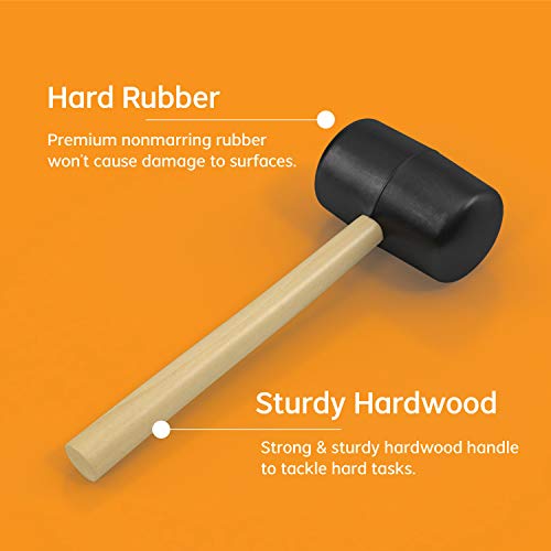Rubber Mallet 8 oz, Hardwood, Double Faced Soft Mallet with Wooden Handle, Black