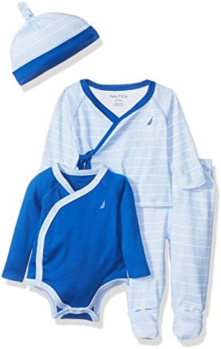 Nautica Baby Boys' Four Piece Knit Set with Hat and Onesie, Blue Bell, 0/3 Months