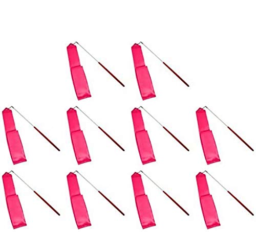HOMEBT 2M Pieces Dance Ribbons Streamers Rhythmic Gymnastics Ribbon Wands for Kids Artistic Dancing, Baton Twirling Rose Red 10PCS