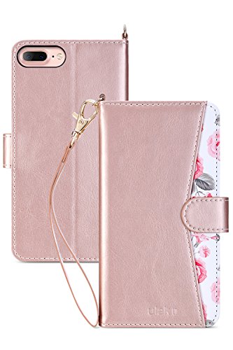iPhone 8 Plus Case, iPhone 7 Plus Wallet Case, ULAK Floral PU Leather Wallet Case with Kickstand Card Holder ID Slot and Hand Strap Shockproof Rubber Cover for Apple iPhone 7 Plus/8 Plus, Rose Gold