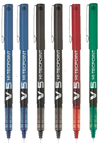Pilot Pens V5 Pack of 6 Pens (2 Blue 2 Black 1 Red 1 Green)