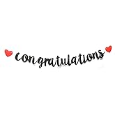 Congratulations Banner Black Letters & Red Symbol Hanging Paper Sign Decorations for Graduation, Achievement Party Celebrations, Wedding, Retirement, Bridal Shower, Shower Pre-Strung