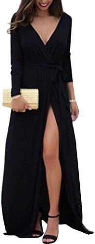 JUBILATE Women Charming Solid Full Length Long Sleeve Swing Casual Maxi Dress Slit Party Dress (T2, M)