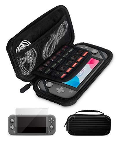 Carrying Case for Nintendo Switch Lite with Glass Screen Protector, Portable Hard Shell Travel Case Storage Bag for Nintendo Switch Lite Console and Accessories holds 10 Game Cartridges(Black)