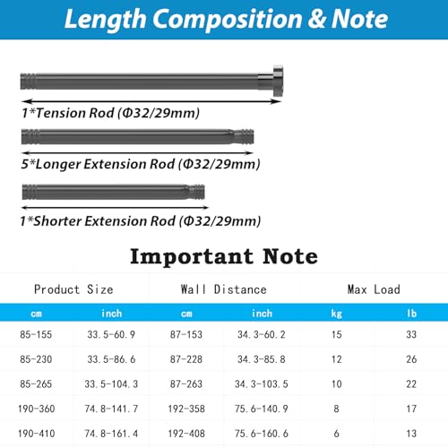 Rod Curtains Extendable Shower Rod No Drill Pole Curtain for Bathroom Bedroom Living Room Black 85-265CM Φ32mm