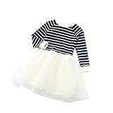 Sagton Kid Girl Toddler Fall Pageant Stripe Splice Long Sleeve Tutu Dress (3T, white)