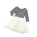 Sagton Kid Girl Toddler Fall Pageant Stripe Splice Long Sleeve Tutu Dress (3T, white)