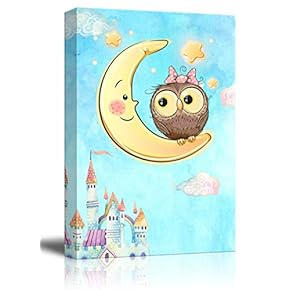Canvas Wall Art - Hand Drawn Owl Sitting on The Moon - Giclee Print Kid