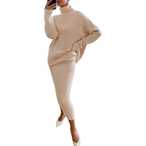 Amazon.com: Women's Turtleneck Long Sleeve Sweater Slit Dresses 2 Piece  Outfits Sets Ribbed Knit Tops and Bodycon Midi Dress Beige : Clothing,  Shoes & Jewelry