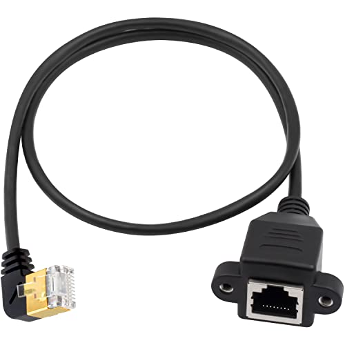 Duttek Cat8 Ethernet Cable, 40Gbps 2000Mhz Left Angle Ethernet Cable to Female Screw Panel Mount, 8P8C Crystal Head RJ45 Network Cable Connector for Notebook, Desktop PC, 0.5m
