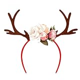 LUOEM Christmas Fawn Horn Headband Deer Antler Hair Hoop with Flowers Holiday Party Accessory (White)