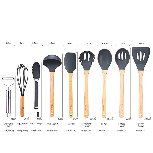 Cooking Utensils Set Vemico 9 Piece Kitchen Utensils Set Wooden Handles Silicone Non-stick Utensils BPA Free Non Toxic Turner Tongs Spatula Spoon Chef Kitchen Tool Set With Peeler(Grey)