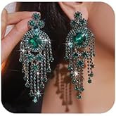 Denifery Large Tassel Rhinestone Earrings Dangling Trendy Bling Oversized Statement Earrings Vintage Bridal Party Jewelry for Women