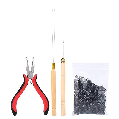 Hair Extension Kit, Wig Connector Kit Pliers Hook Loop Tip with 500Pcs Micro Rings Hair Extension Accessories (Black)
