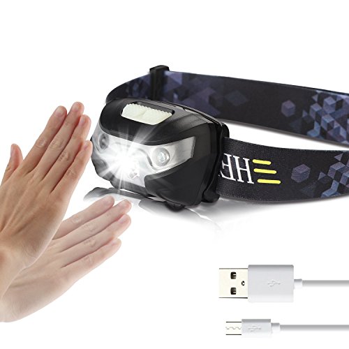 USB Rechargeable LED Headlamp Hands Free Motion Sensor Waterproof Comfortable Camping Headlight Flashlight for Running Emergency Hurricane Caving Hiking Reading Kids (Black)