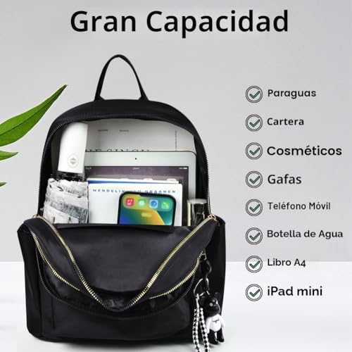 Mochila feminina, mochila de moda para mulheres, mochila casual leve de nylon, mochila escolar, mochila anti-roubo para mulheres e raparigas, preta, 32 * 25 * 11cm